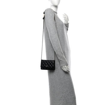 CHANEL Lambskin Quilted Mini Camellia Bow Wallet On Chain WOC Black