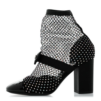 [CHANEL]★Mary Jane Short Boots メッシュ クリスタル★36.5 Chanel 23S Black Mesh Crystal Sock Boot CC Logo Mary Jane