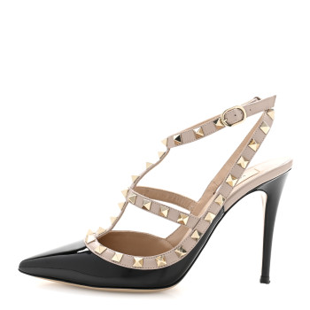 VALENTINO GARAVANI Patent Nappa Rockstud Ankle Strap 100mm Pumps 37.5 Black Poudre