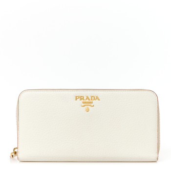 PRADA Daino Bi-Color Metal Zip Around Wallet Talco Caramel