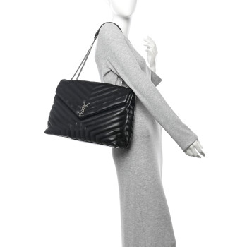 SAINT LAURENT Calfskin Y Quilted Monogram Large Loulou Chain Satchel Black