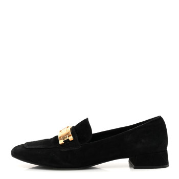 PRADA Suede Metal Plate Logo Loafers 37.5 Black