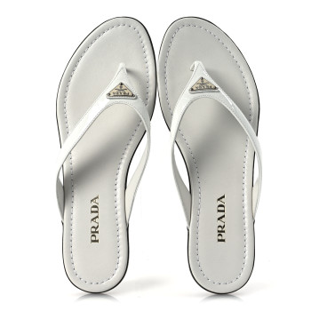 PRADA Patent Calfskin Logo Thong Sandals 40 White