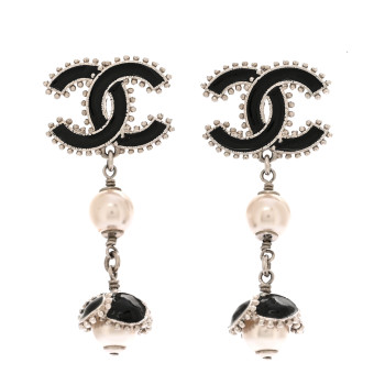 CHANEL Metal Resin Bead Pearl CC Drop Earrings Silver White Black