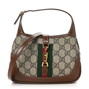 GUCCI GG Supreme Monogram Azalea Calfskin Web Mini Jackie 1961 Hobo Beige Ebony Brown Sugar