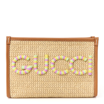 GUCCI Straw Effect Raffia Calfskin Logo Wristlet Pouch Brown Multicolor