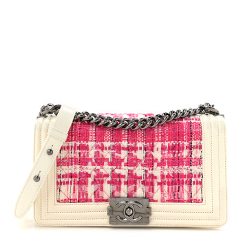 CHANEL Patent Tweed Medium Boy Flap White