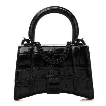 BALENCIAGA Shiny Calfskin Monochrome Crocodile Embossed Hourglass Top Handle Bag Mini with Chain Black