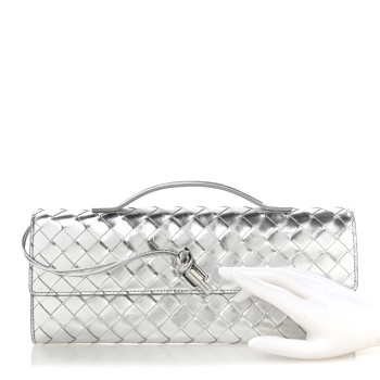 BOTTEGA VENETA Metallic Nappa Intrecciato Long Andiamo Top Handle Silver