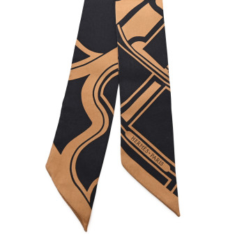 HERMES Silk Les Coupes Tattoo Twilly Black Camel