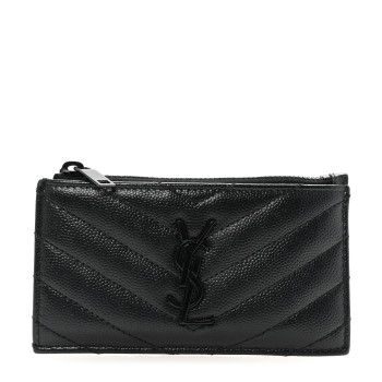 SAINT LAURENT Grain De Poudre Matelasse Chevron Monochrome Fragments Zippered Card Case Black