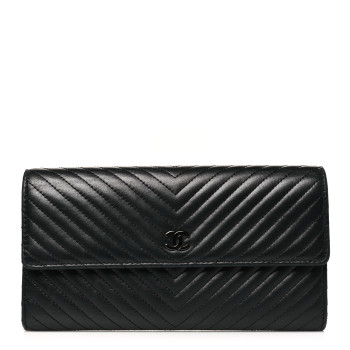 CHANEL Lambskin Chevron Quilted Large Gusset Flap Wallet So Black