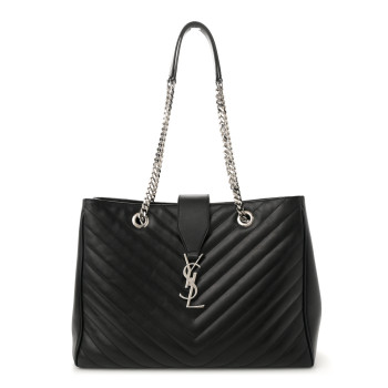 SAINT LAURENT Smooth Calfskin Matelasse Chevron Large Monogram Shopping Bag Black