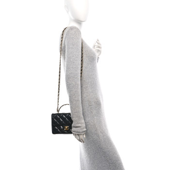 CHANEL Shiny Lambskin Quilted Golden Links Top Handle Flap Black