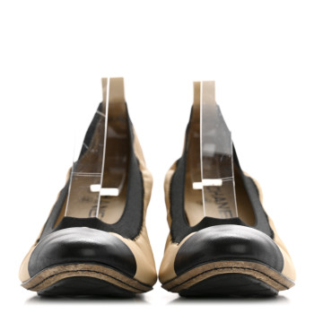 CHANEL Lambskin CC Elastic Stretch Pumps 37.5 Beige Black