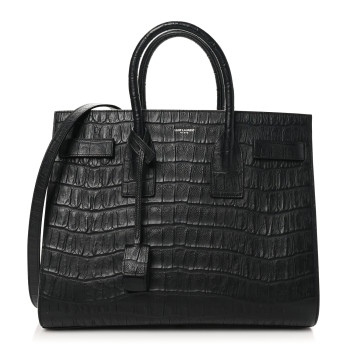 SAINT LAURENT Calfskin Crocodile Embossed Small Sac de Jour Black