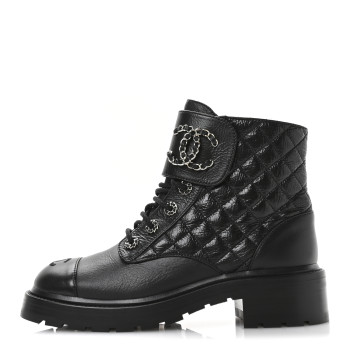 CHANEL Shiny Goatskin Calfskin Quilted Lace Up Combat Boots 39 Black