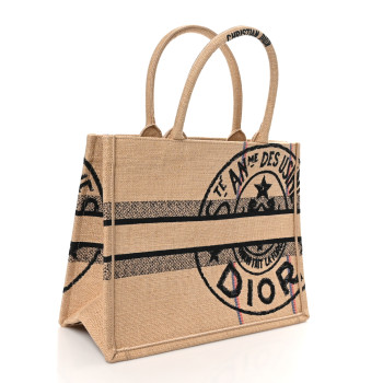 CHRISTIAN DIOR Canvas Jute Embroidered Medium Book Tote Black Beige