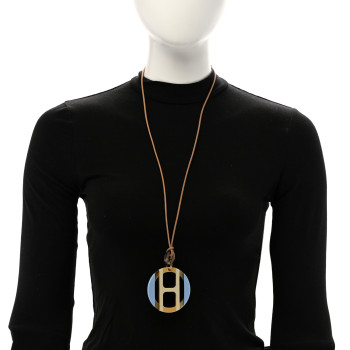HERMES Buffalo Horn Lacquer H Equipe Pendant Necklace Bleu Chardon