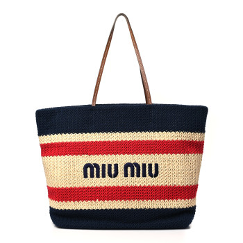 MIU MIU Raffia Crochet Stripe Tote Natural Blue