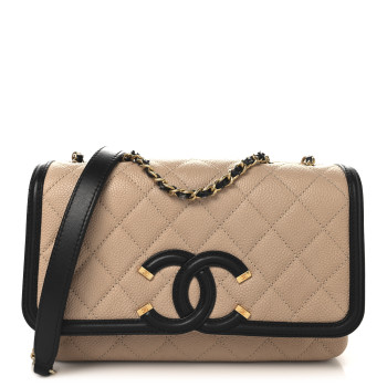 CHANEL Caviar Quilted Small CC Filigree Flap Beige Black