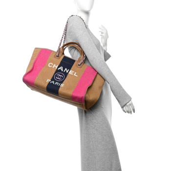CHANEL Straw Raffia Calfskin Striped Medium Deauville Tote Dark Beige Fuchsia Navy Blue