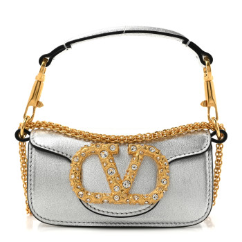 VALENTINO GARAVANI Laminated Calfskin Crystal Vlogo Micro Loco Shoulder Bag Silver Crystal