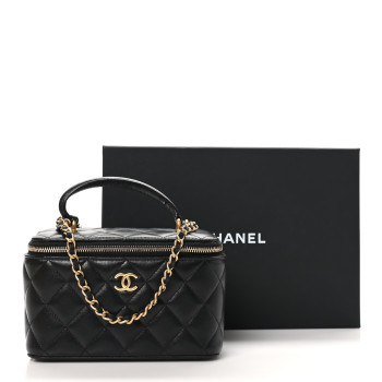 CHANEL Lambskin Quilted Small Top Handle Vanity Case With Chain Black