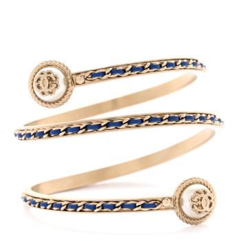 CHANEL Lambskin Pearl Twist CC Bangle Bracelet M Gold Blue