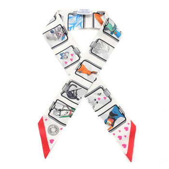 HERMES Silk Story Twilly White Gris Rouge