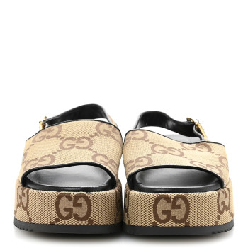 GUCCI Monogram Maxi GG Granada Kid Angelina Platform 35mm Slingback Sandals 38 Camel Ebony Black