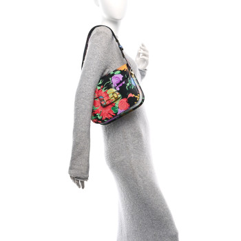 GUCCI X KEN SCOTT New Shangai Calfskin Jenny Floral Print Horsebit 1955 Shoulder Bag Black Pink