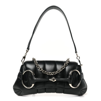 GUCCI Nappa Vertical Matelasse Small Maxi Horsebit Chain Shoulder Bag Black