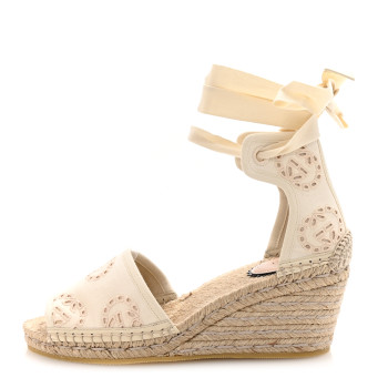 GUCCI Canvas Damita GG Eyelet Espadrille Wedge Sandals 37.5 Ivory