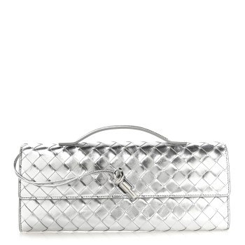 BOTTEGA VENETA Metallic Nappa Intrecciato Long Andiamo Top Handle Silver