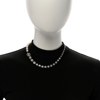 CHANEL Pearl Crystal CC Choker Necklace Silver