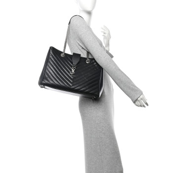 SAINT LAURENT Smooth Calfskin Matelasse Chevron Large Monogram Shopping Bag Black