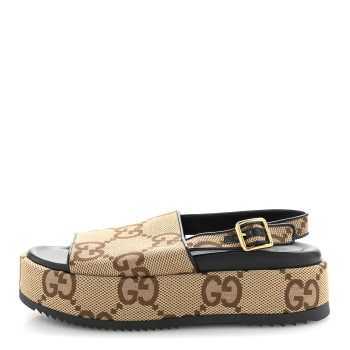 GUCCI Monogram Maxi GG Granada Kid Angelina Platform 35mm Slingback Sandals 38 Camel Ebony Black