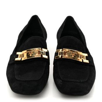PRADA Suede Metal Plate Logo Loafers 37.5 Black