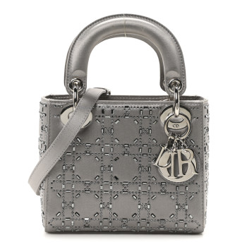 CHRISTIAN DIOR Satin Crystal Cannage Mini Lady Dior Gray