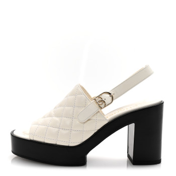 CHANEL Lambskin Quilted Peep Toe Wedge Sandals 38 White