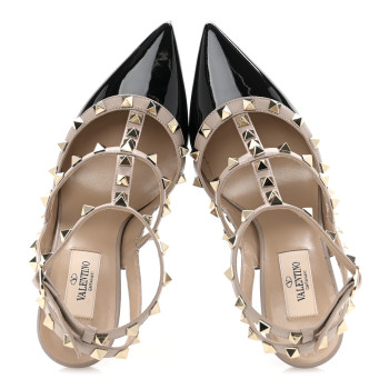 VALENTINO GARAVANI Patent Nappa Rockstud Ankle Strap 100mm Pumps 37.5 Black Poudre