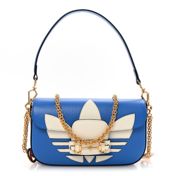 GUCCI X ADIDAS Textured Dollar Calfskin Web Trefoil Mini Horsebit 1955 Shoulder Bag Blue Off White