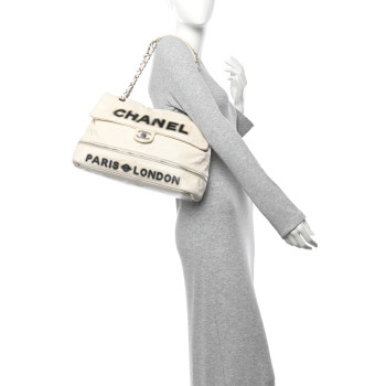 CHANEL Calfskin Large Expandable Paris London Flap Bag White