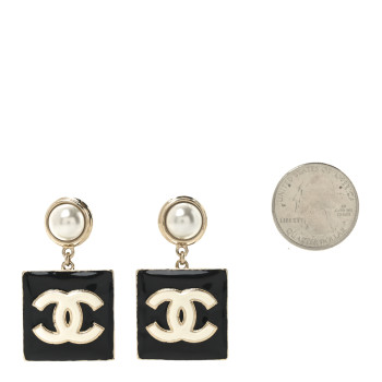 CHANEL Metal Resin Pearl CC Drop Earrings Gold Black White
