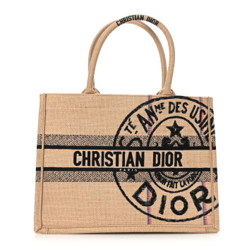 CHRISTIAN DIOR Canvas Jute Embroidered Medium Book Tote Black Beige