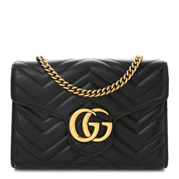 GUCCI Calfskin Matelasse GG Marmont Chain Wallet Black