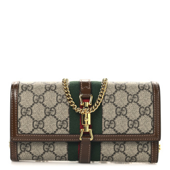 GUCCI GG Supreme Monogram Azalea Calfskin Web Jackie 1961 Chain Wallet Beige Ebony Brown Sugar