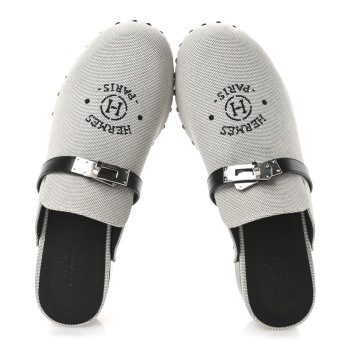 HERMES H Canvas Calfskin Carlotta Mules 37 Prunoir Black