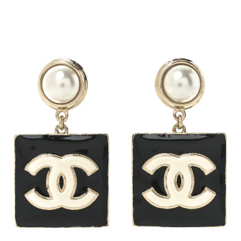 CHANEL Metal Resin Pearl CC Drop Earrings Gold Black White